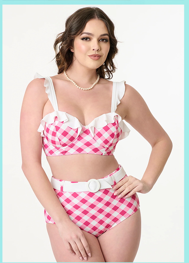 Unique Vintage Pink & White Gingham Belted Redondo Swim Bottoms