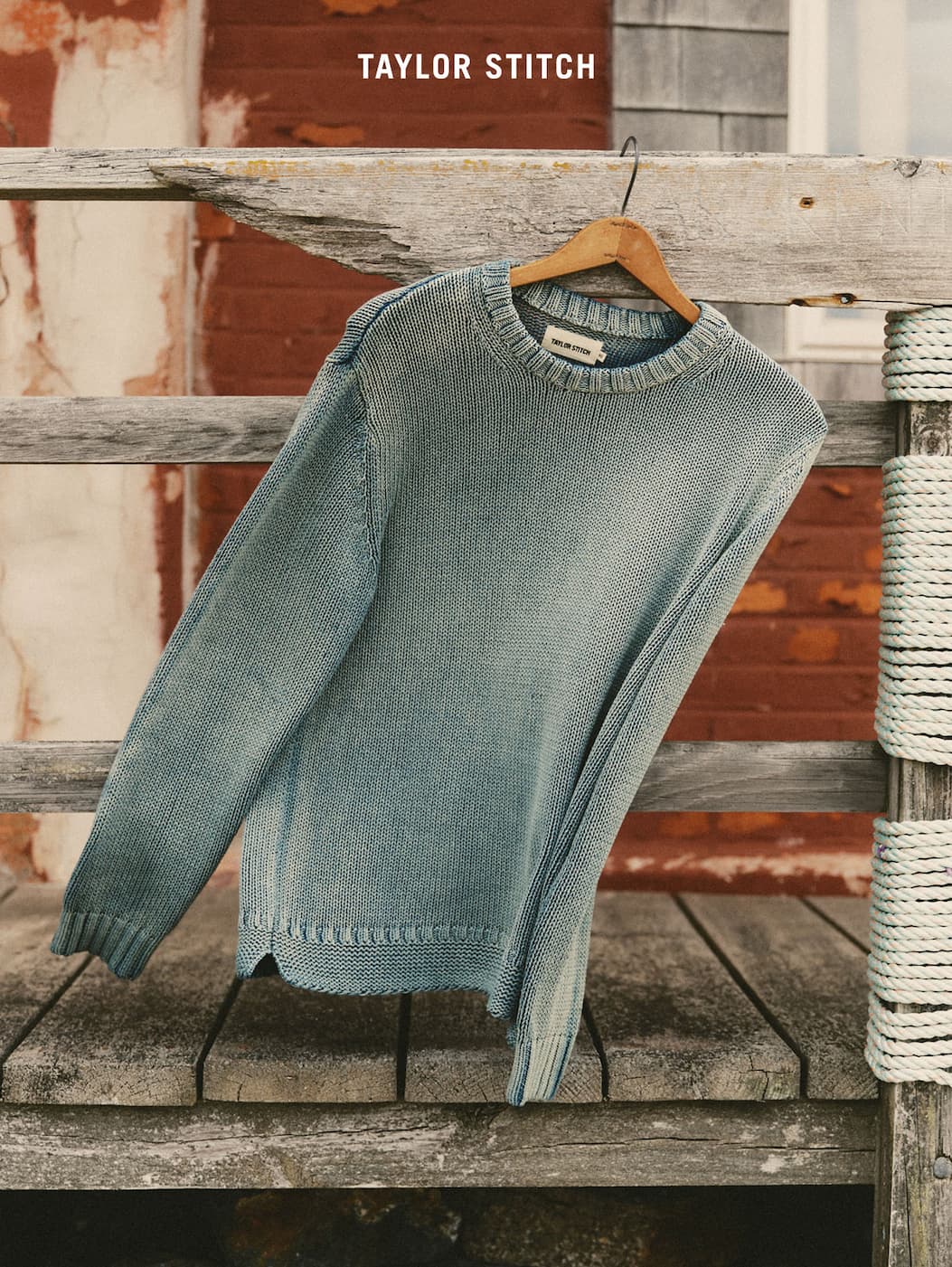 Taylor Stitch. The Dory Crew Sweater in Washed Indigo.