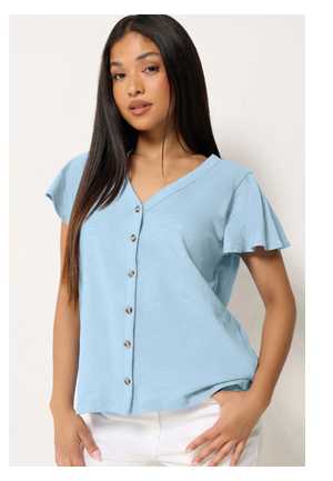 M&Co Petite Blue Cotton Frill Sleeve Blouse