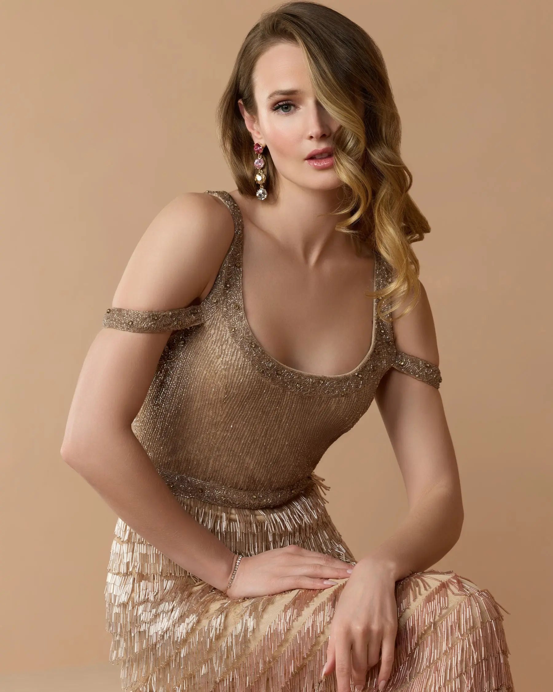 Image of Pink Scoop Neck Embellished Fringe Ombre Gown