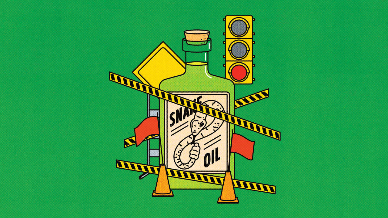 An illustration of a snake oil bottle with yellow tape crossing over it and a red light. 