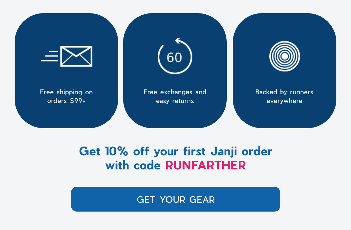 Janji | Free Shipping on orders $99+ | Free exchanges and returns | Backed by runners everywhere | Get 10% off your first Janji with code RUNFARTHER