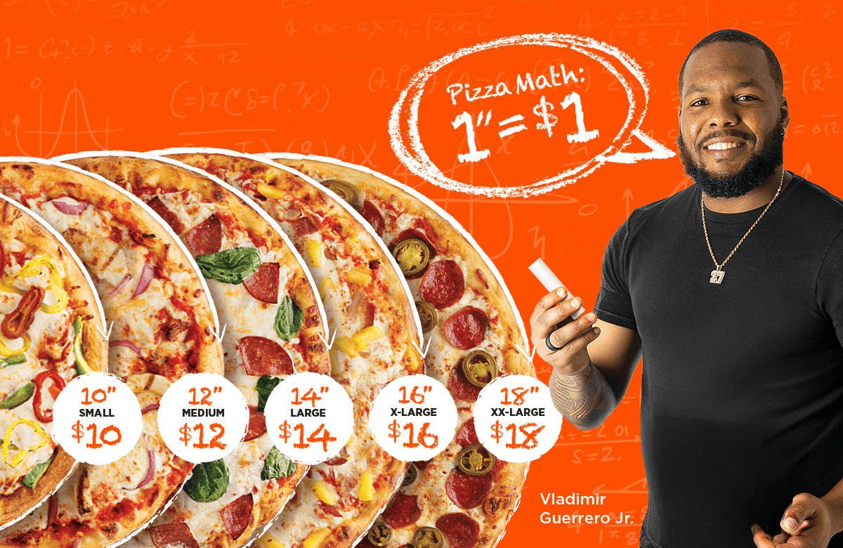 PIZZA MATH 1 inch=$1 10 inch SMALL $10 12 inch MEDIUM $12 14 inch LARGE $14 16 inch LARGE $16 18 inch LARGE $18 Vladimir Guerrero Jr.