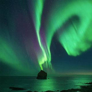 The Northern Lights -or the Aurora Borealis- swirls green and purple above a calm sea.