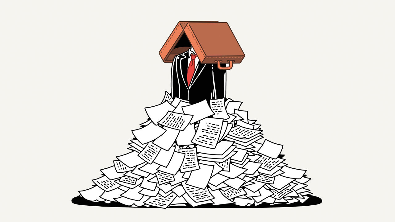 An illustration of a congressman with a suitcase over his head. A pile of papers is forming at his feet. 