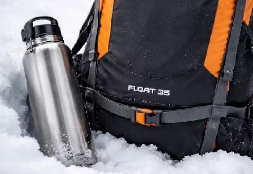 Thermos containing Maui Nui bone broth laying next to a backcountry back pack