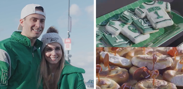 On the left, Jake Greenberg and his wife smiling. On the right, trays of cookies shaped like football jerseys and soft pretzels.