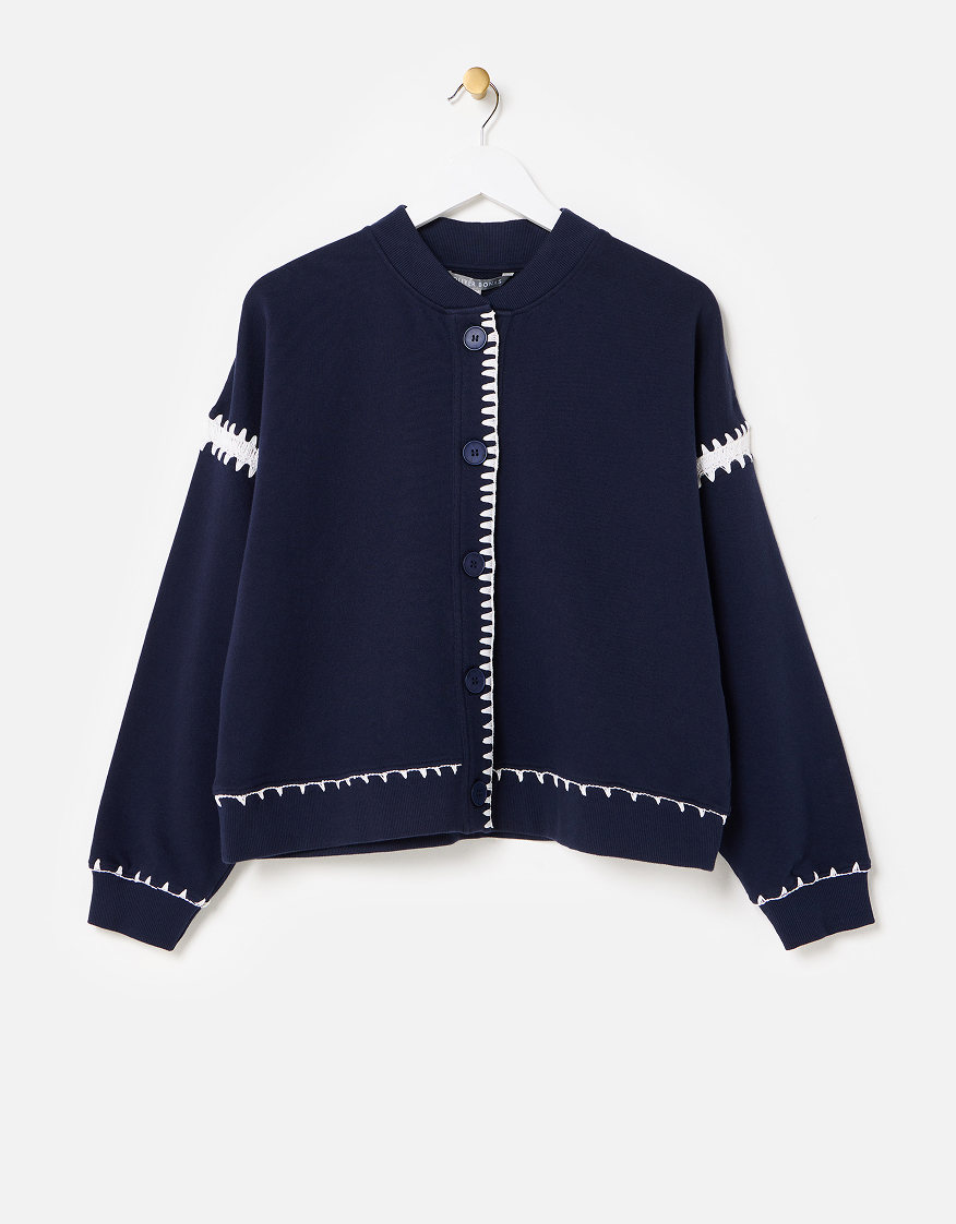 Navy Blue & White Crochet Trim Bomber Jacket