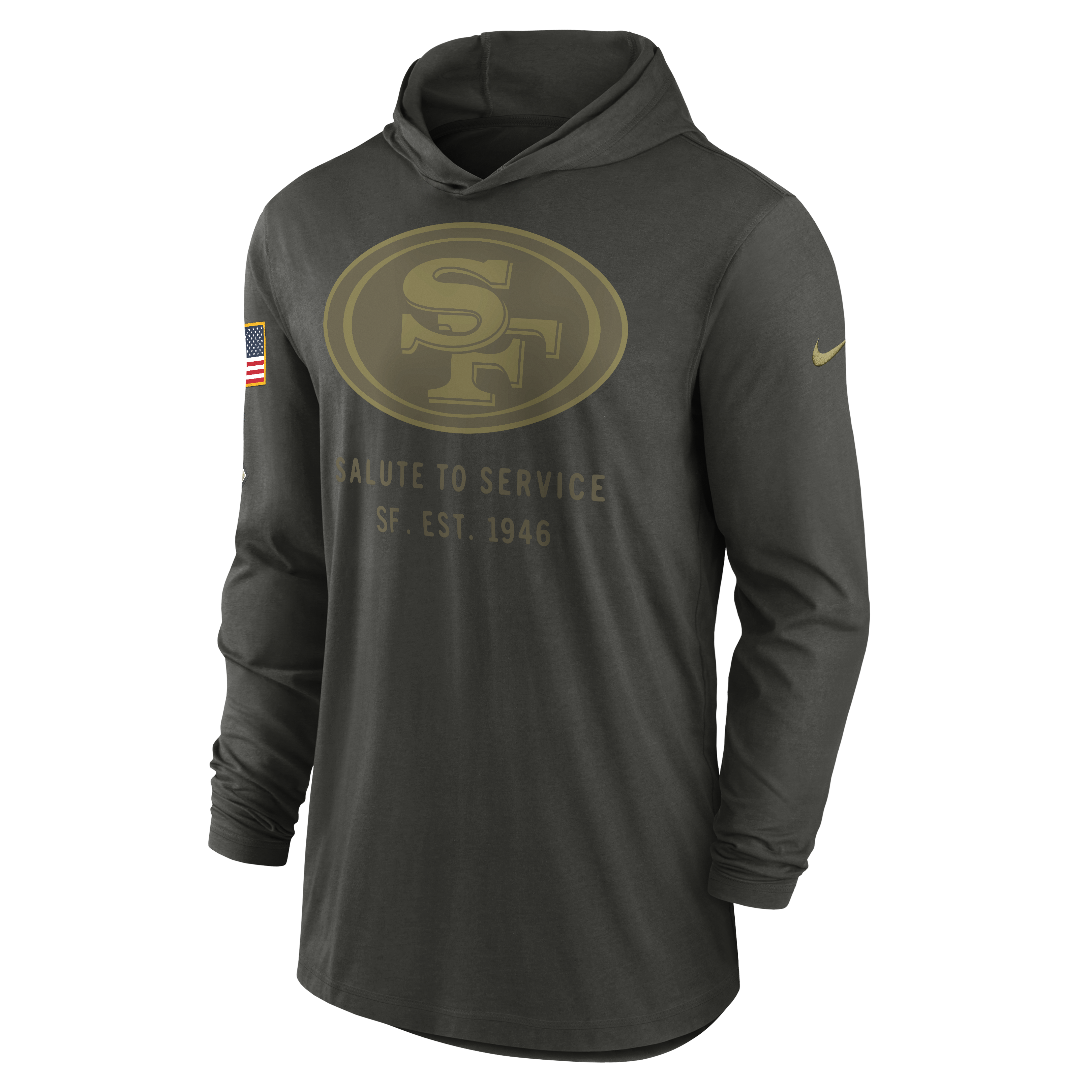 Image of Men's San Francisco 49ers Nike Forest Green 2025 Salute to Service Sideline Dri-FIT Lightweight Hooded Pullover