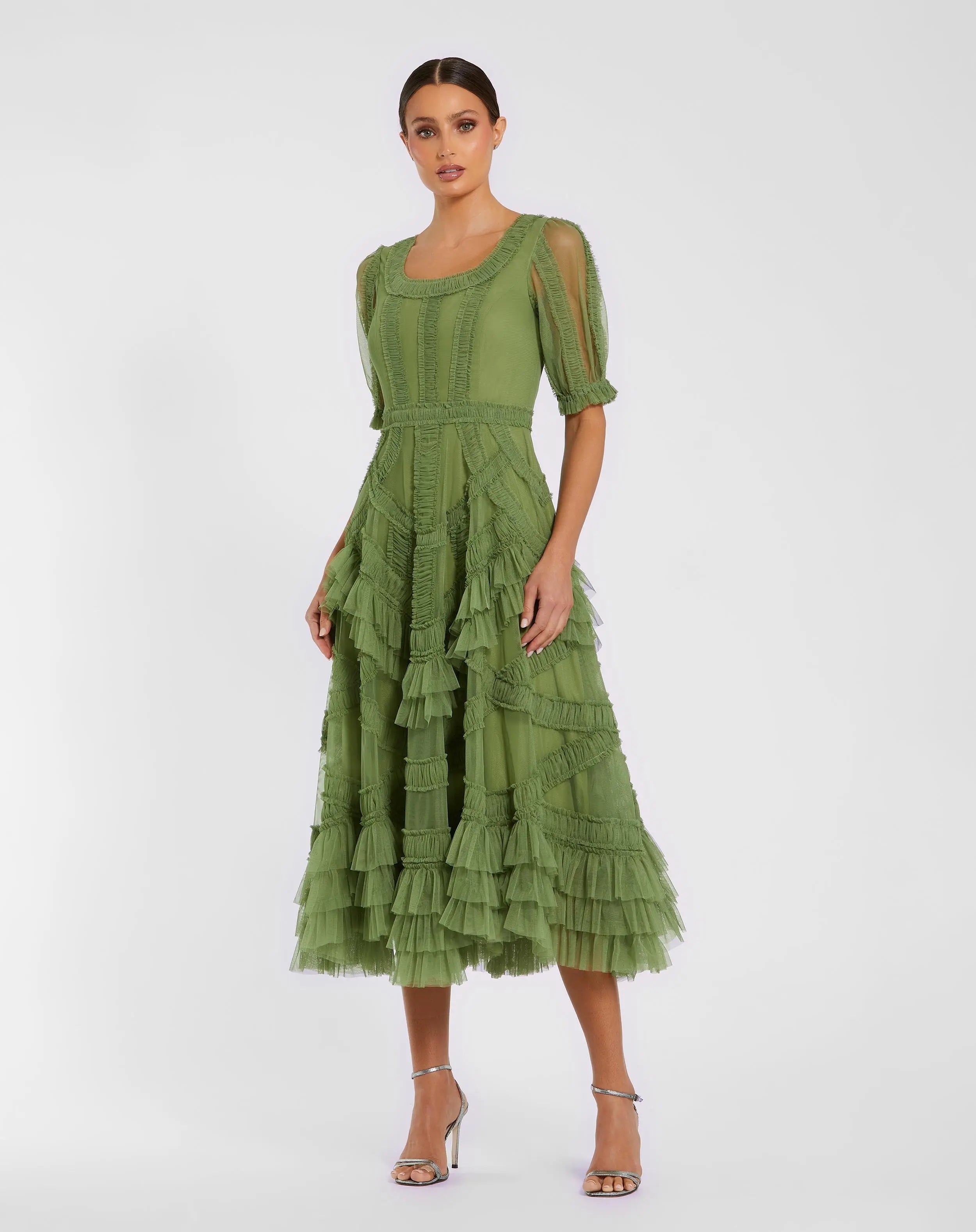 Image of Green Short Sleeve Micro Ruffle Midi Dress