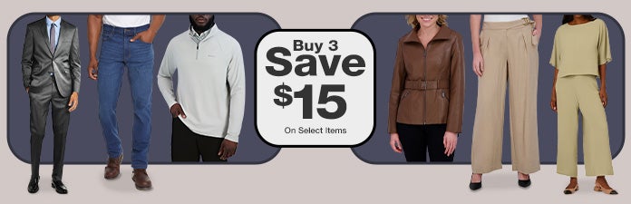Buy 3 Save $15 on select apparel items