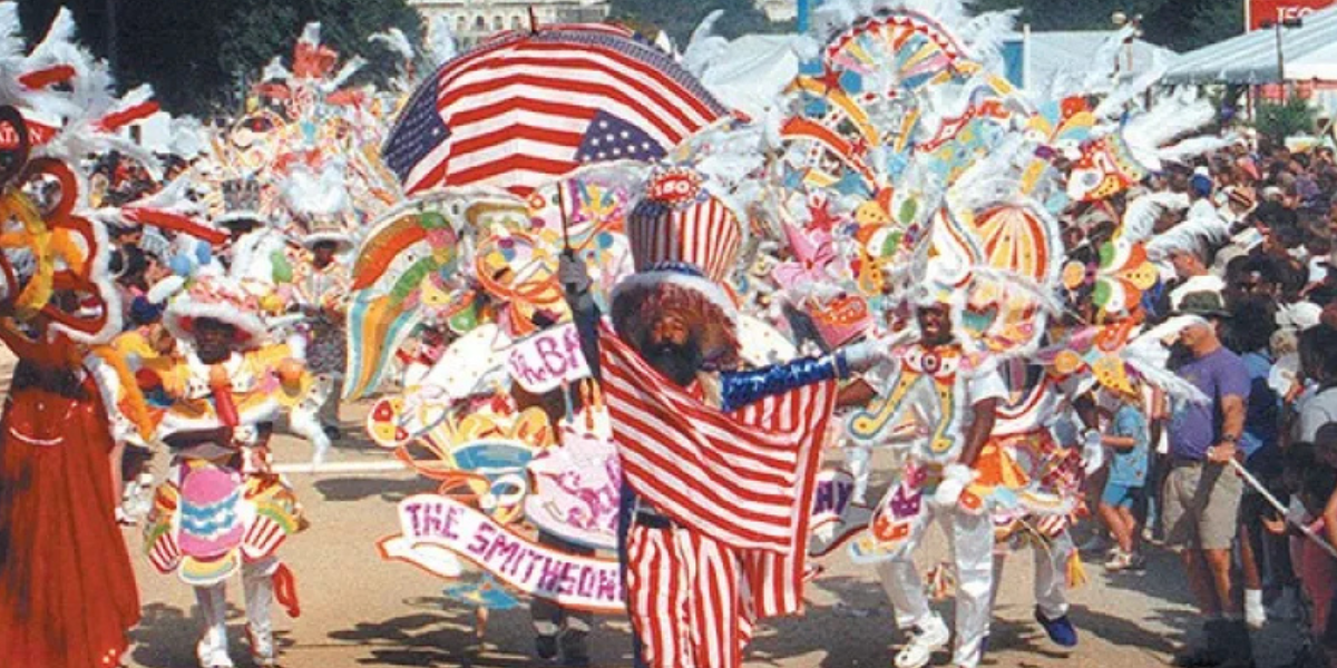 Parade of people celebrating on the National Mall during the Smithsonian's Folklife Festival