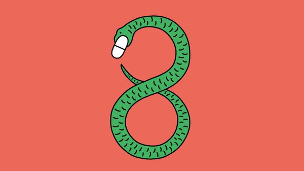 illustration of a green snake shaped like an infinity symbol, holding a white pill in its mouth, on a coral-pink background.