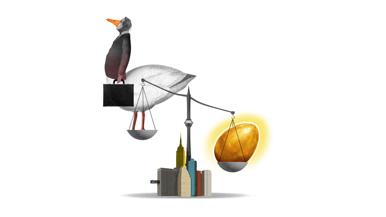 Illustration of a half corporate lawyer, half golden goose standing on the left side of a scale while the golden egg he's just layed is on the other. At the base of the scales are the wall street corporate buildings