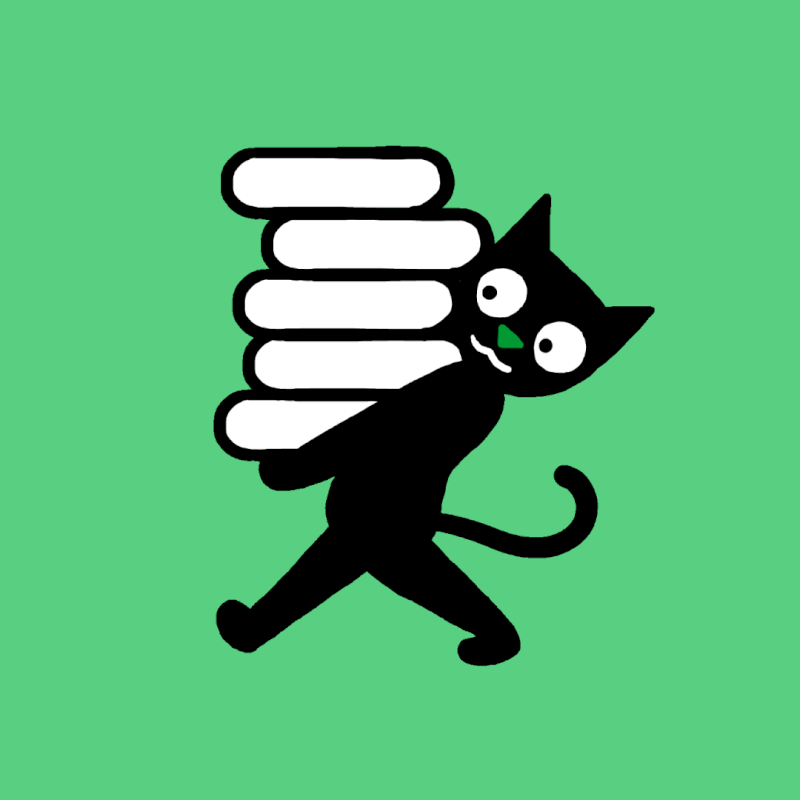 Animation of a cat walking with books in its arms