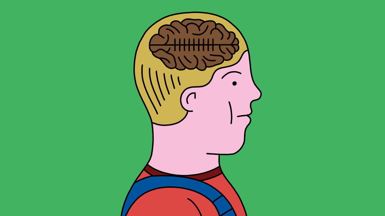 An illustration showing the side profile of a person with brain that looks like a rugby ball depicted in his head. 