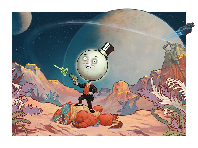 Key art for The Outer Worlds 2 depicting the mascot Moon Man in a top hat standing on the surface of a new colony.