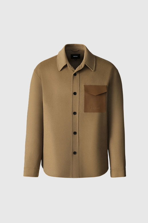 EMMANUEL Double-face wool overshirt with leather patch pocket
