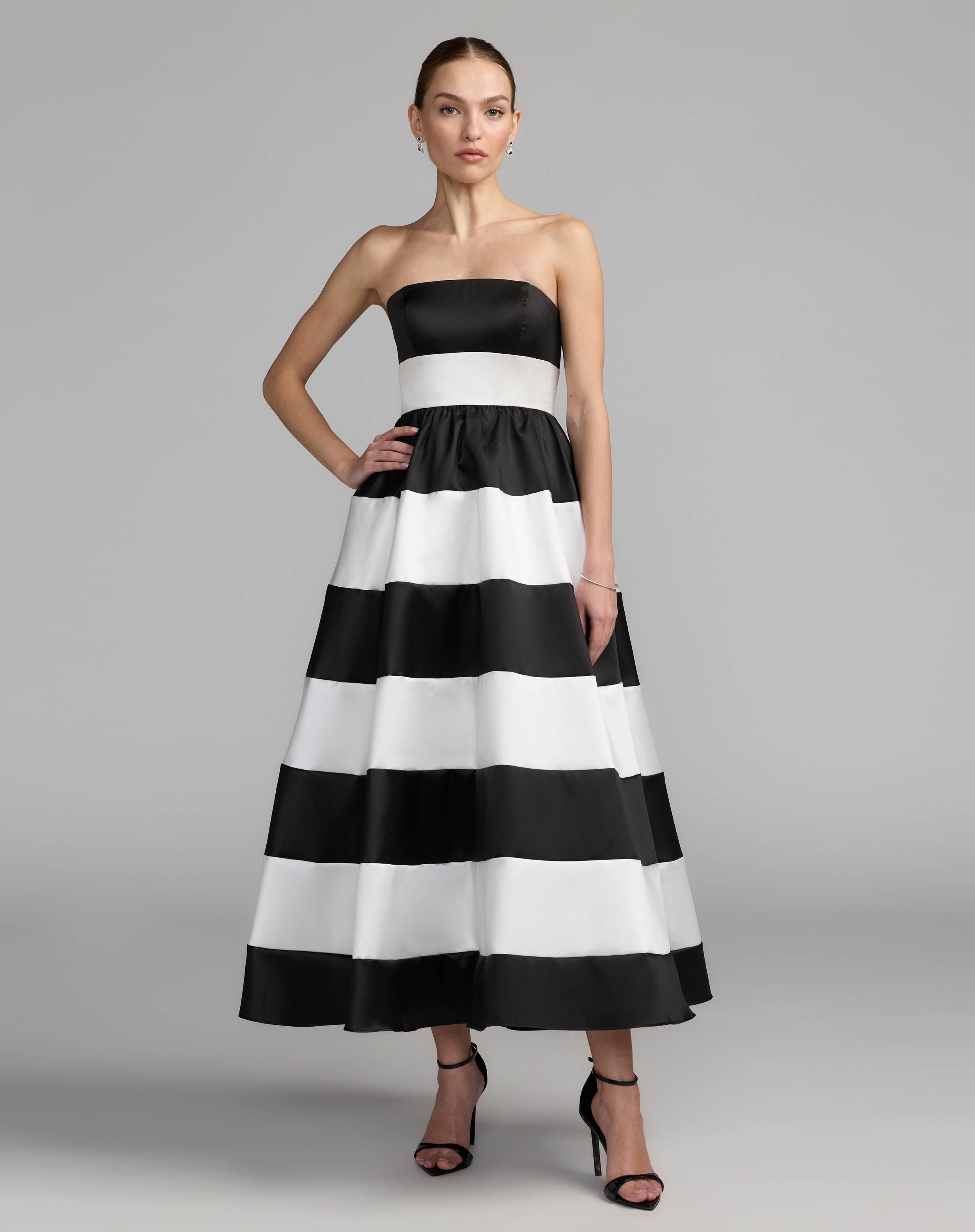 Image of Black Ivory Striped Strapless Mikado Midi Dress