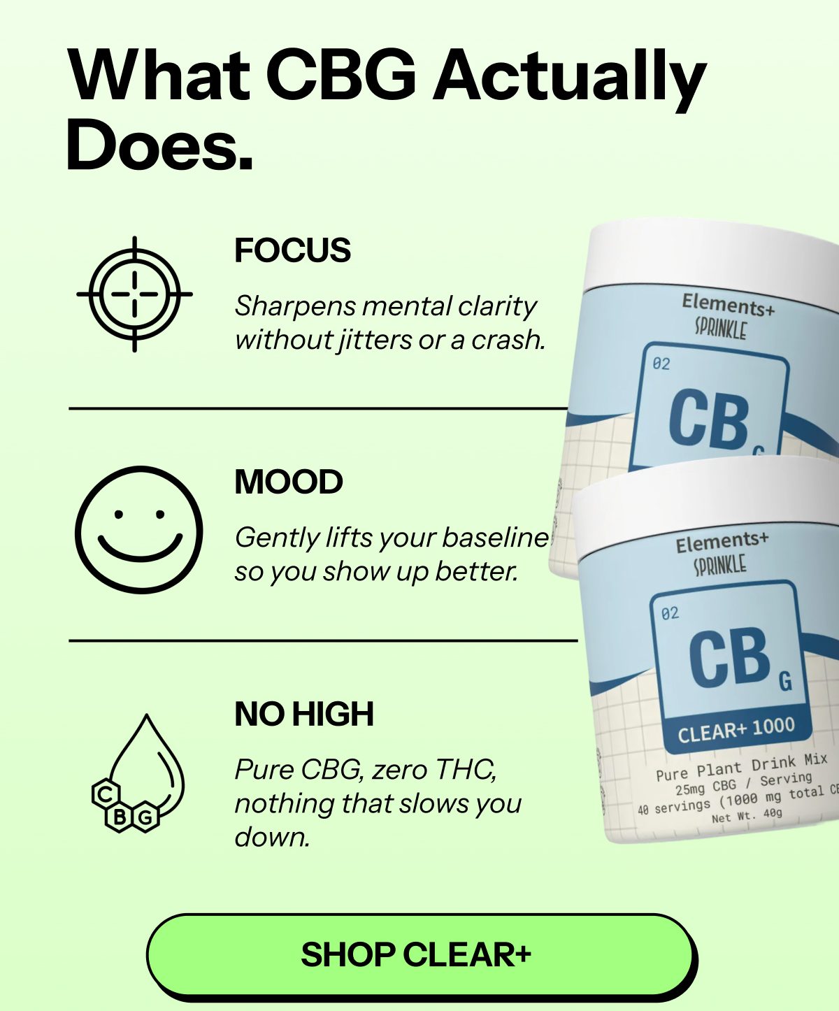 What CBG actually does: Focus, mood, no high. Pure CBG, zero THC.