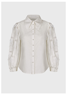White Button Down Shirt Featuring Wrist Length Sleeves With Feathers & Pearls & Double Collar