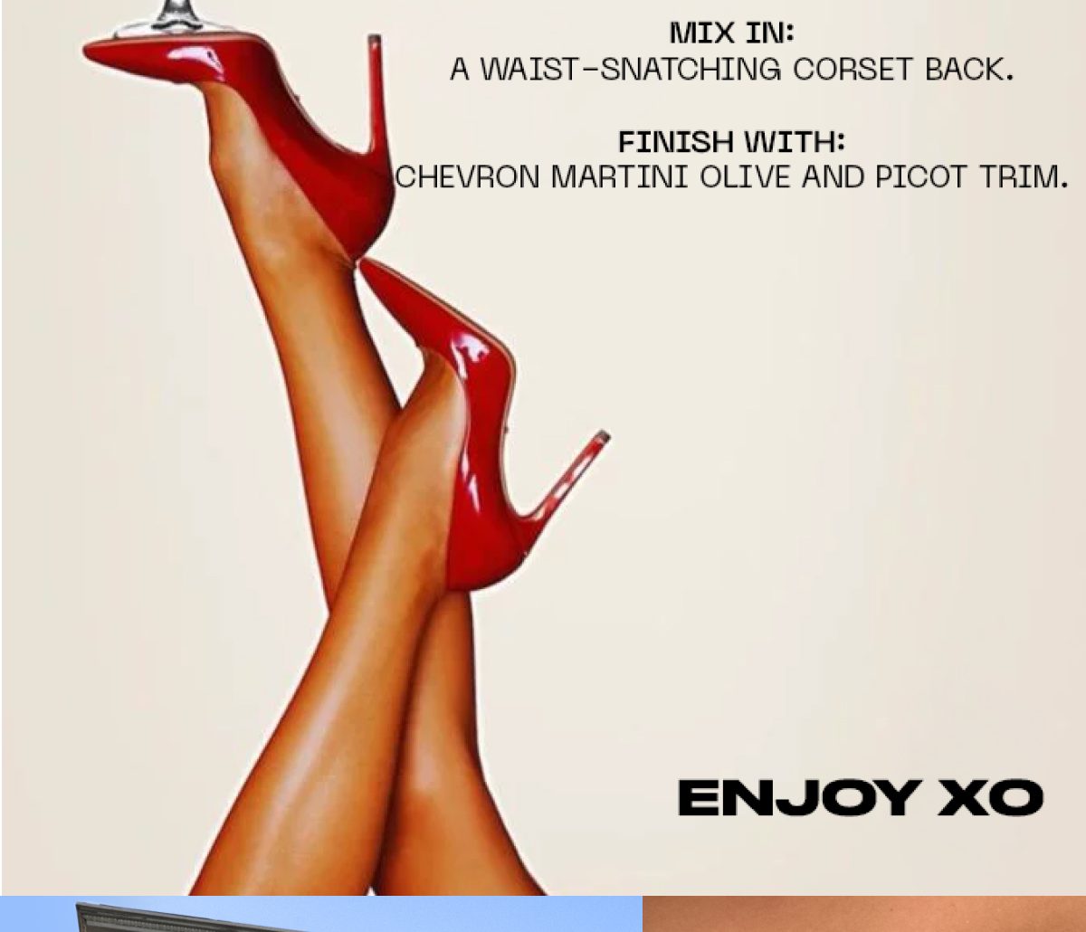 Red high heels with crossed legs and text about a waist-snatching corset back.