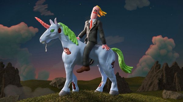 Illustration of a businessman riding a zombie unicorn