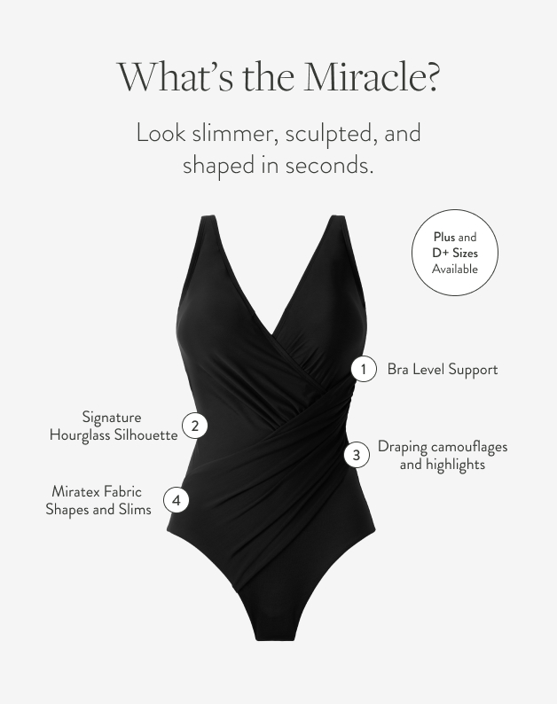 What's the Miracle? Look slimmer, sculpted, and shaped in seconds. 1. Soft Cup Bra. 2. Signature Hourglass Silhouette. 3. Draping camouflages and highlights. 4. Miratex Fabric Shapes and Slims. Available in Plus, DD, and DDD