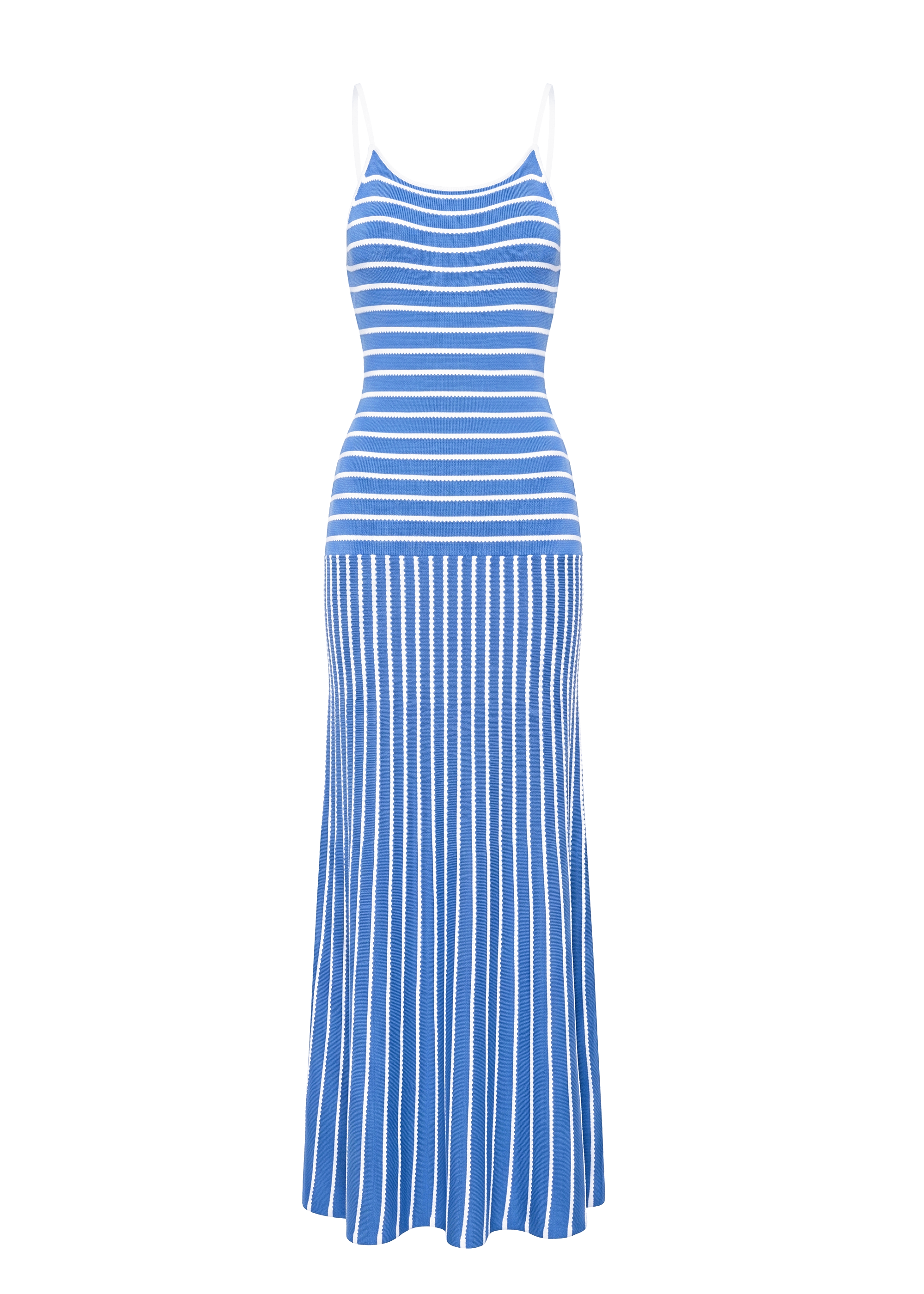 Blue and white striped maxi dress