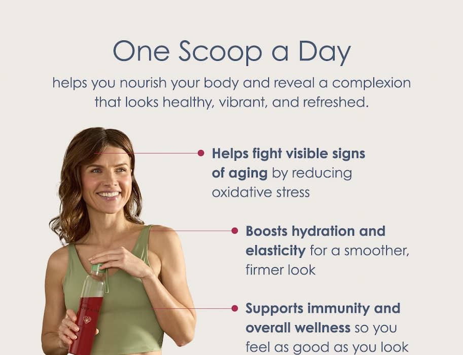 One scoop a day helps fight visible signs of aging, boosts hydration and elasticity for a smoother, firmer look and supports immunity and overall wellness. 