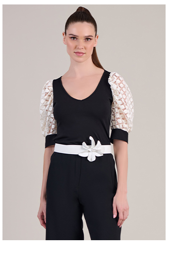 Black V-Neck Short Sleeve Top with White Open Lace Puff Sleeves