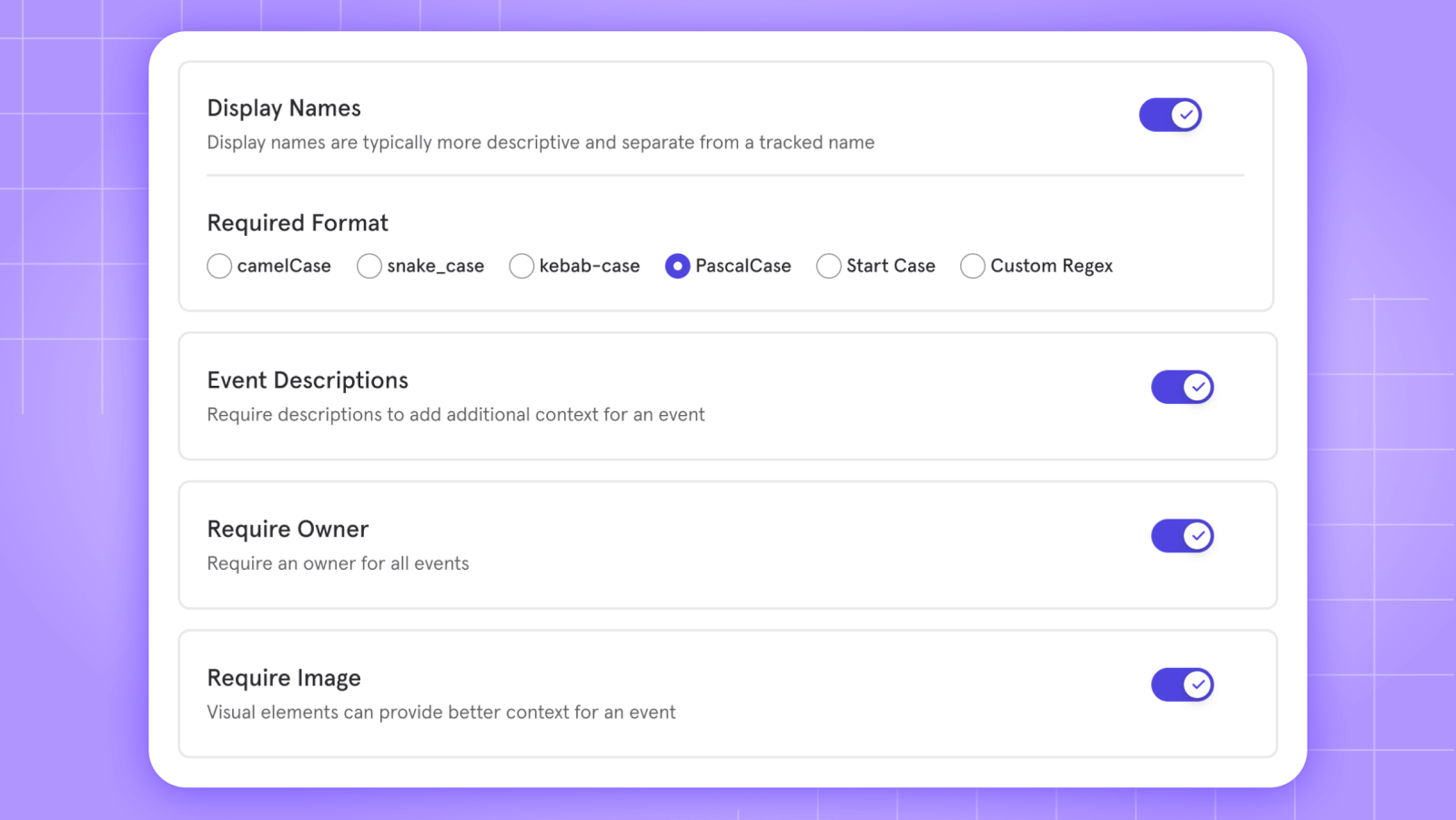 Data standards configuration screen with options for naming conventions and metadata requirements.