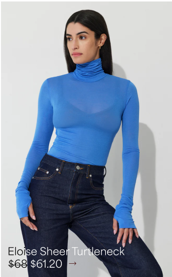Sam with long dark hair poses hands-in-pockets in The Eloise Sheer Turtleneck and dark denim.