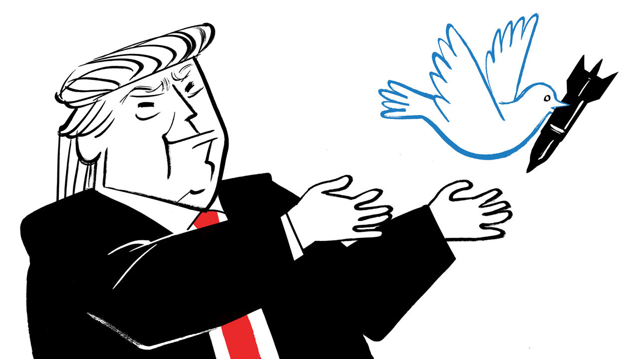 cartoon of Donald Trump releasing a dove that carries a missile in its beak