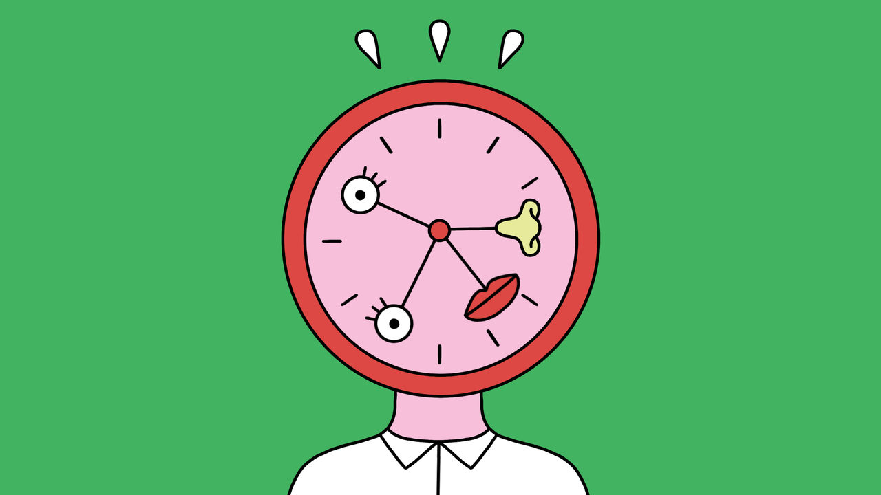 This illustration depicts a surreal, anthropomorphic clock with facial features. The clock face includes eyes, a nose, and lips arranged along the clock hands, giving it a whimsical and expressive look. 