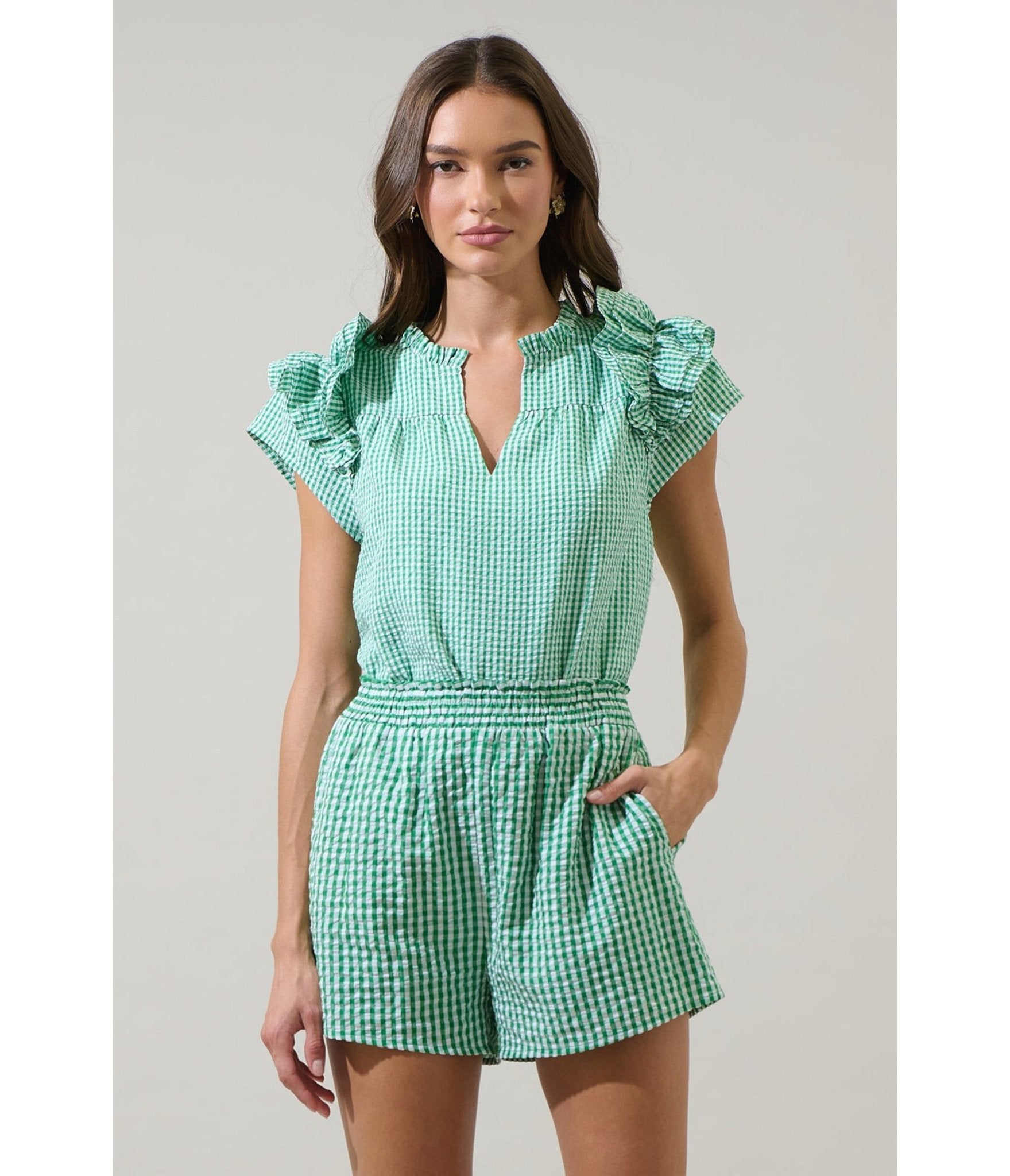 Image of Green Gingham Ruffle Tamara Top