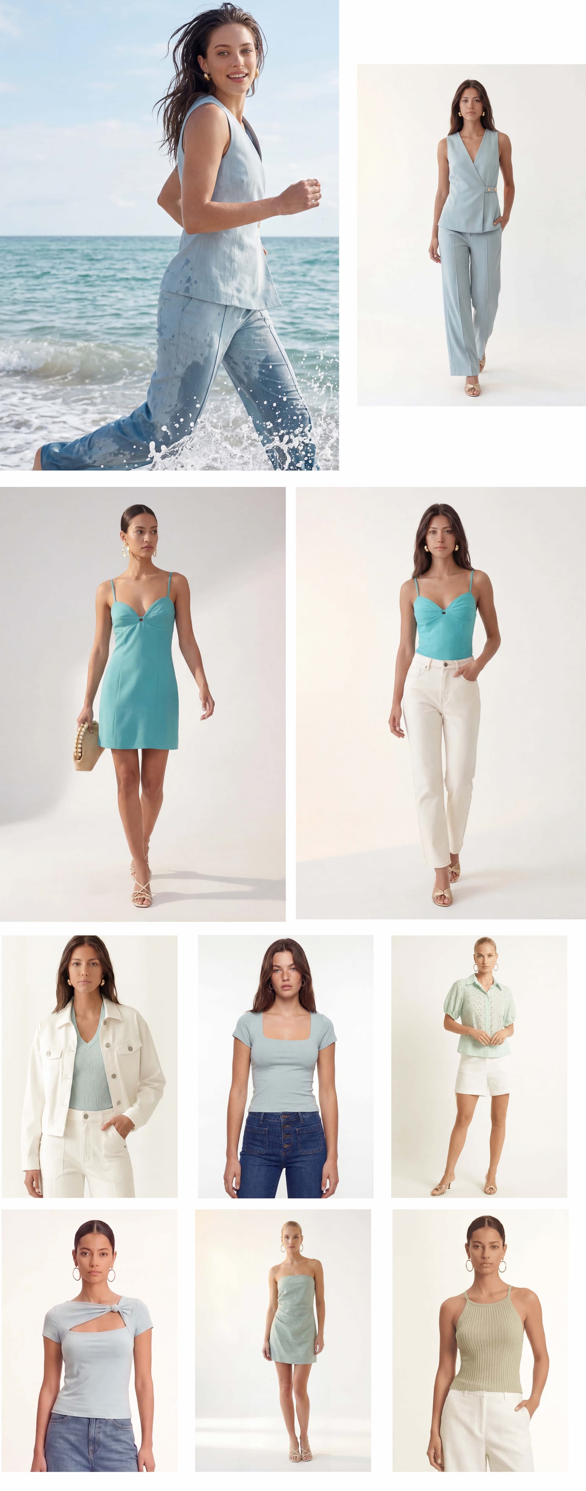 an image of a collage of photos of a woman in a white top and pink skirt