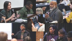 collage of people speaking with microphones, with closeup of smartphone in middle