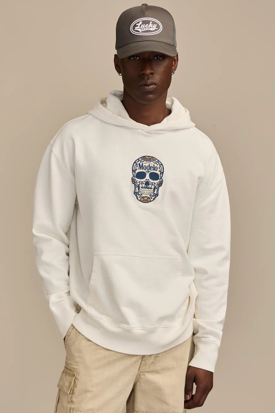 Image of Lucky Brand Modelo Small Skull Hoodie - Men's Clothing Outerwear Sweatshirts Crewneck Hoodies in Cloud Dancer