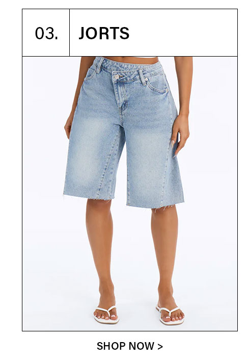 Women's light wash denim jorts with crossover waist, wide leg fit, and raw hem.