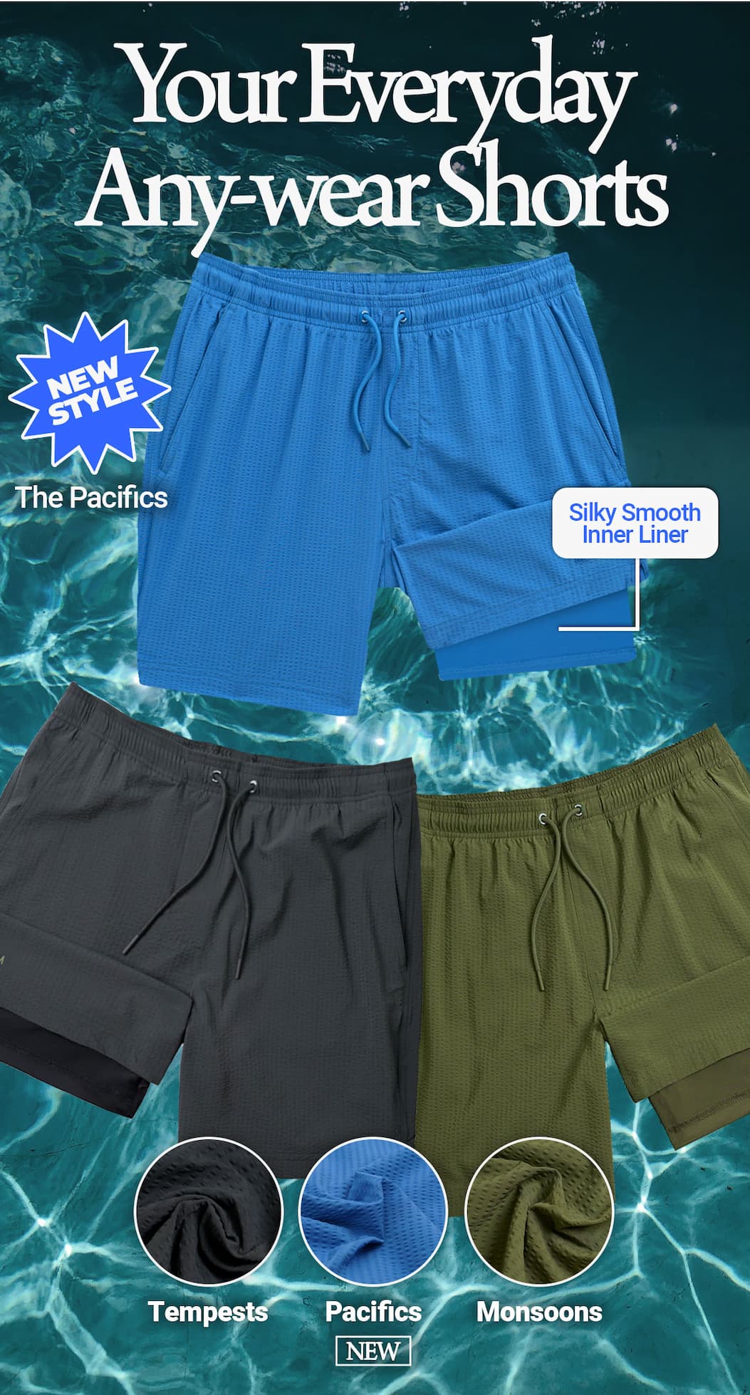 Your everyday any-wear shorts. New style, the pacifics. Silky smooth inner liner. [IMG of shorts]