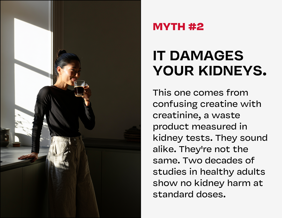 "It damages your kidneys." Debunking text beside photo of man drinking from a shaker bottle.