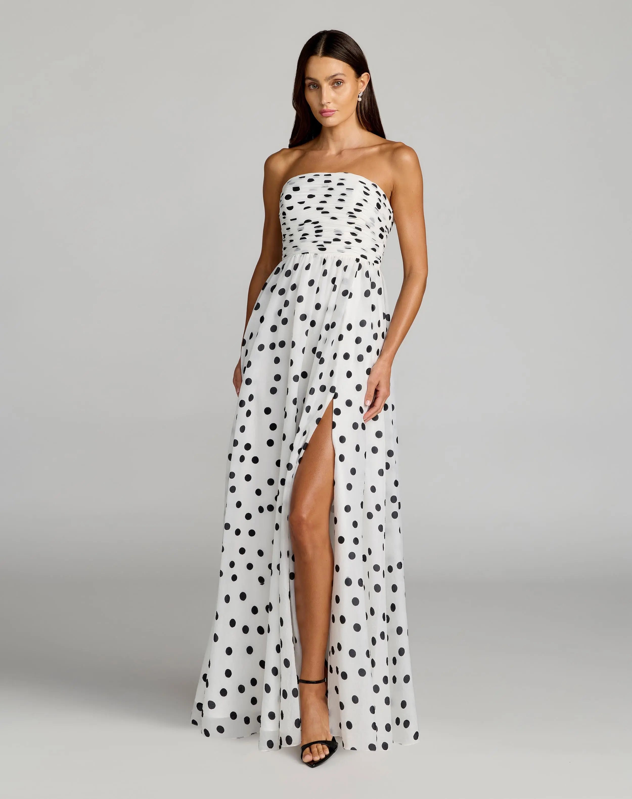 Image of White Polka Dot Strapless Viscose Gown With Slit