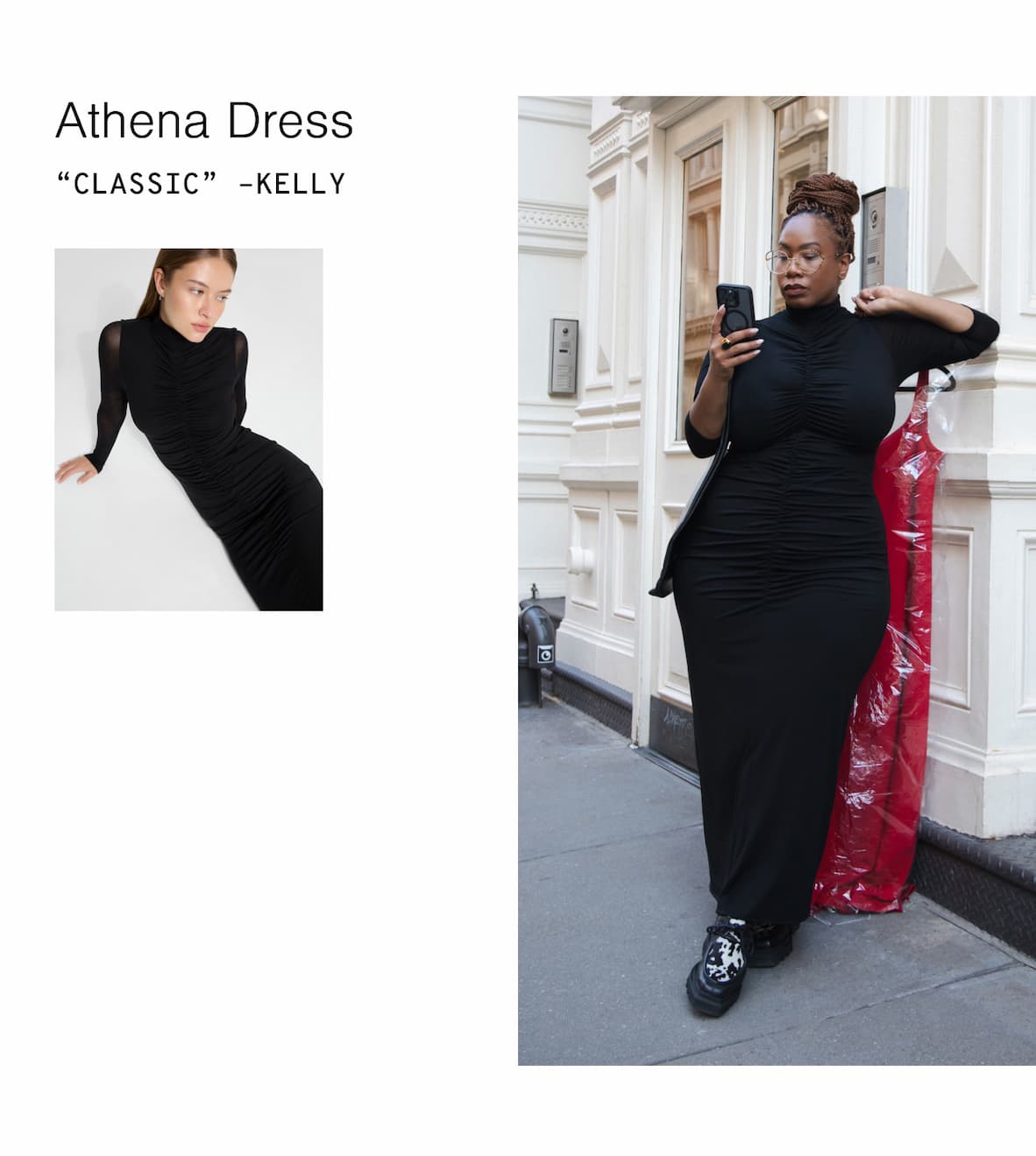 Kelly Augustine wears The Athena Dress on the street while holding her phone.