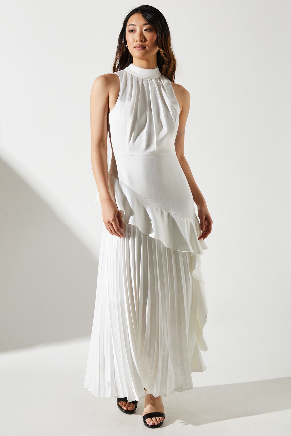 Sleeveless Ruffle Pleat Satin Back Crepe Dress