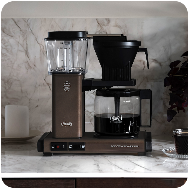 Moccamaster KBGV in Dutch Cocoa on a kitchen counter