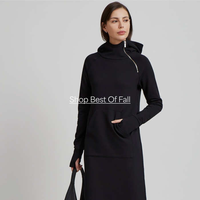 Julia in a black long-sleeve Tompkins Sweatshirt Dress with the headline “Shop Best Of Fall.”