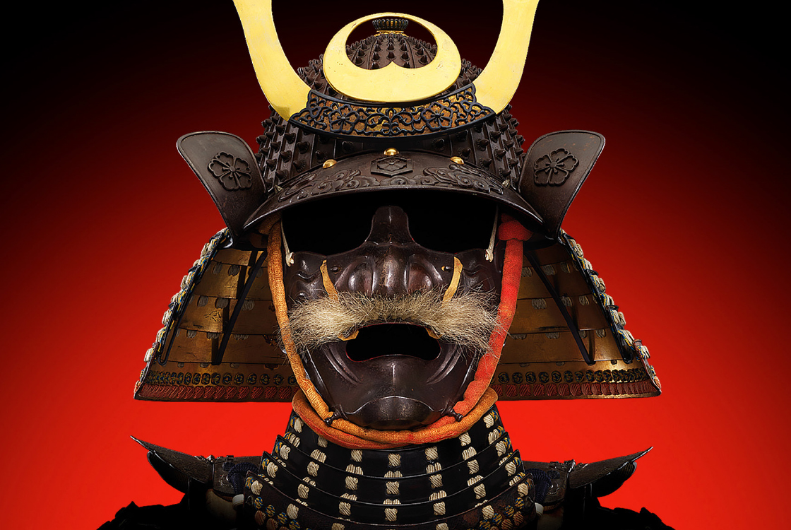 An imposing samurai helmet and facemask with a bristling moustache.
