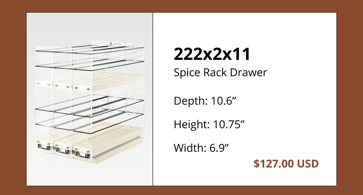 Vertical Spice 222x2x11 spice rack drawer with dimensions and pricing for pull-out cabinet organizer