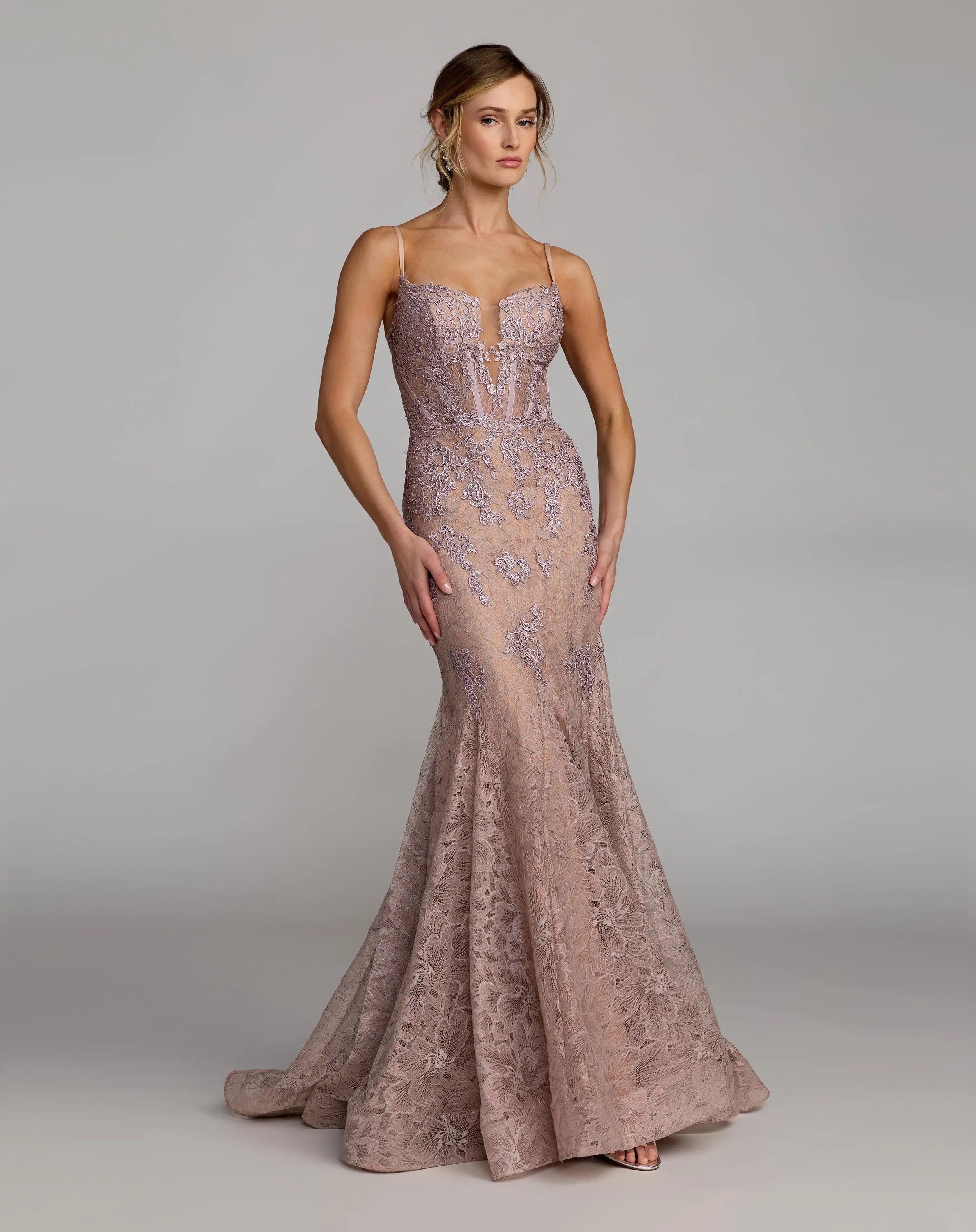 Image of Pink Embroidered Lace Sleeveless Mermaid Gown
